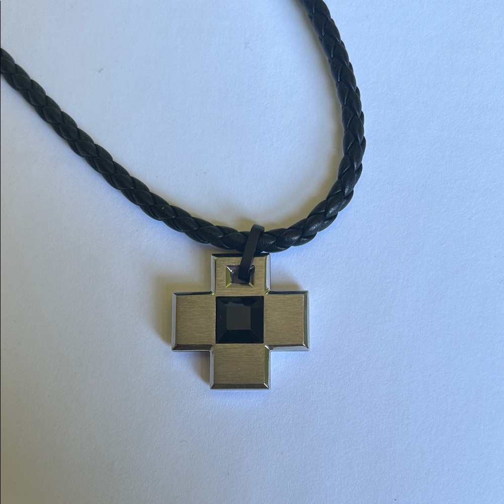 Authentic Swarovski Men's Cross Pendant - Black Braided Leather